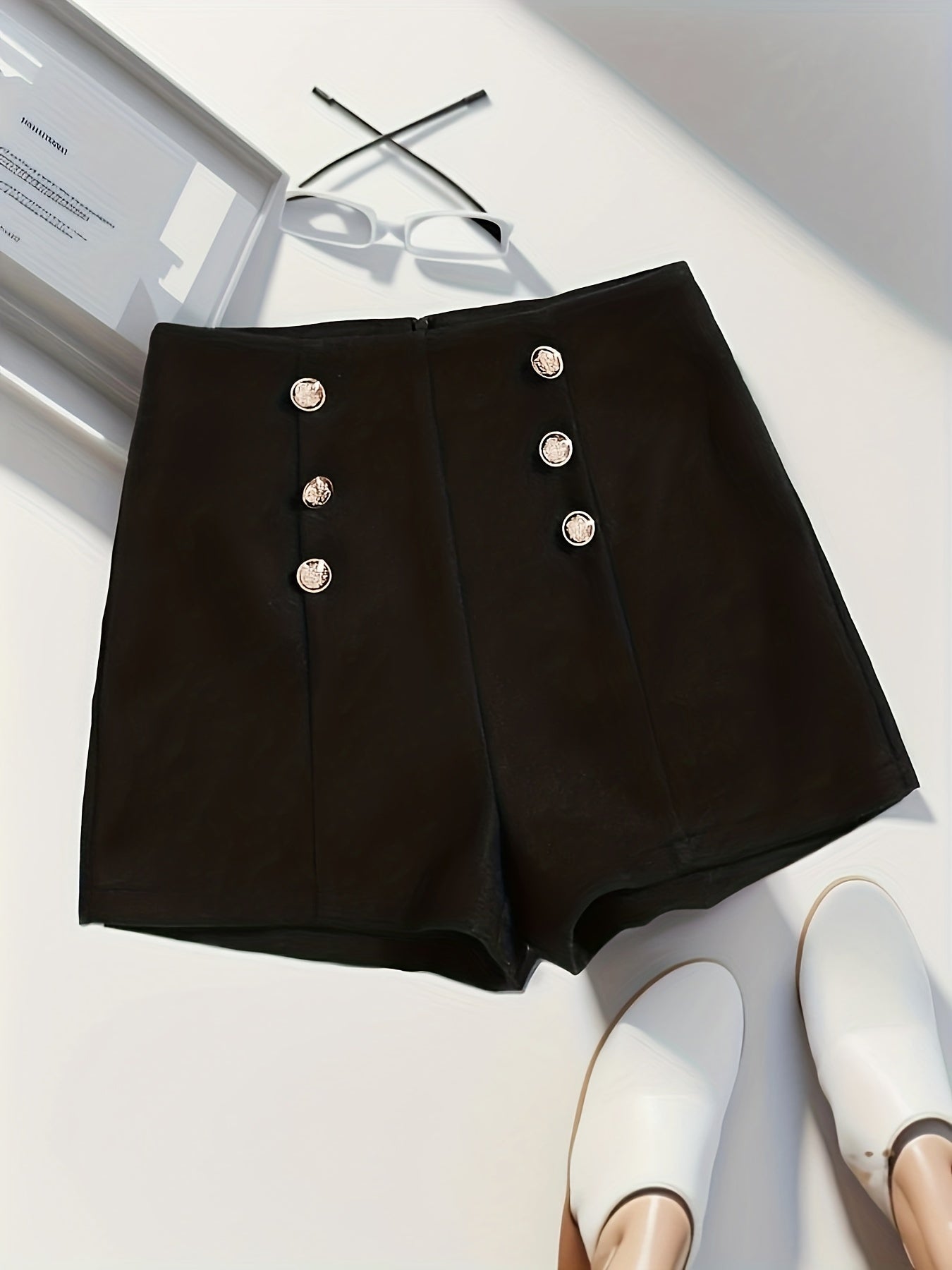 Double Breasted Wool Shorts High Waist Zip Back