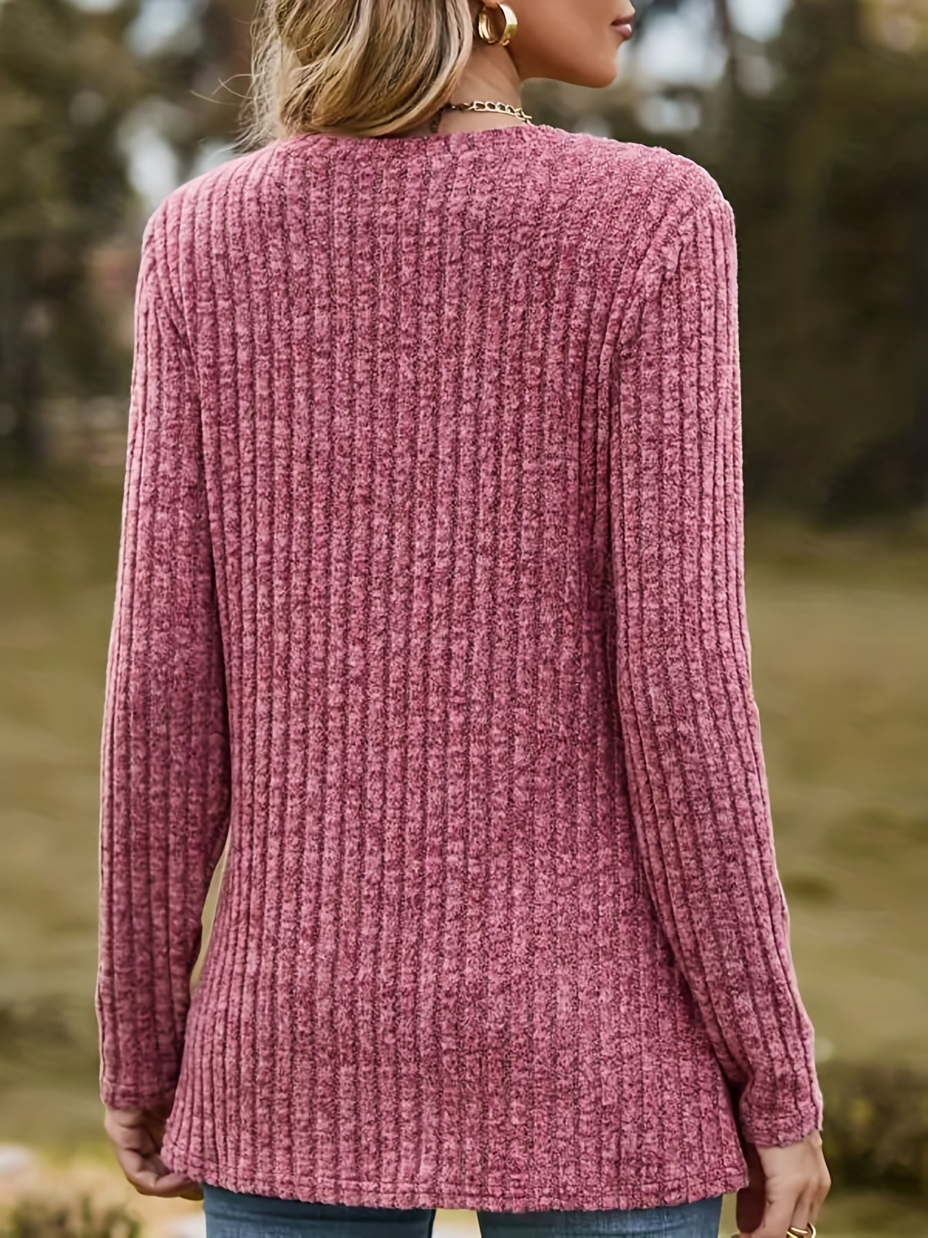 Casual Sweater Solid Ribbed Long Sleeve Round Neck