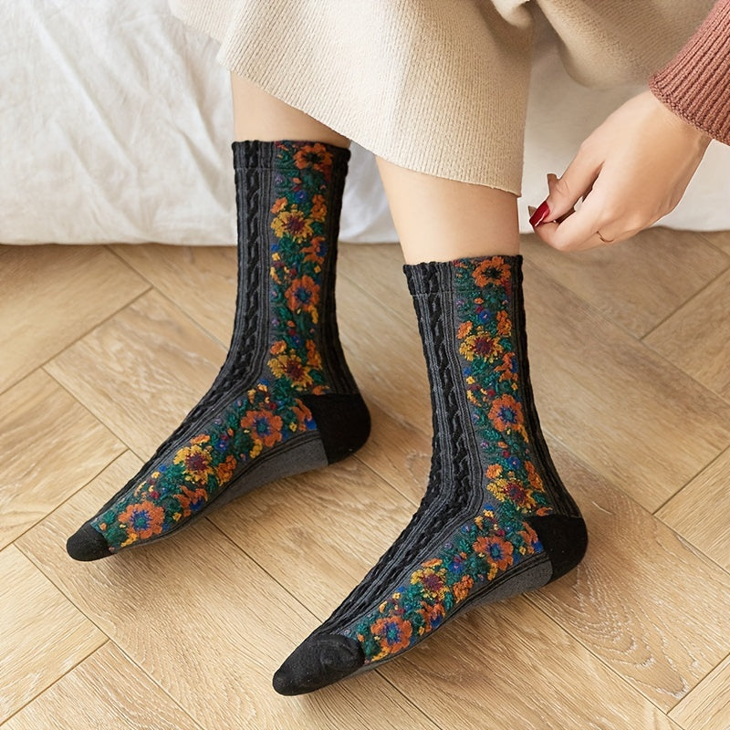 5 Pairs Floral Print Socks Mid Tube Women's Stockings Hosiery