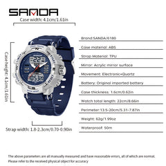 SANDA Unisex Digital Sport Watch 24H Night Light Stopwatch 5ATM TPU Strap