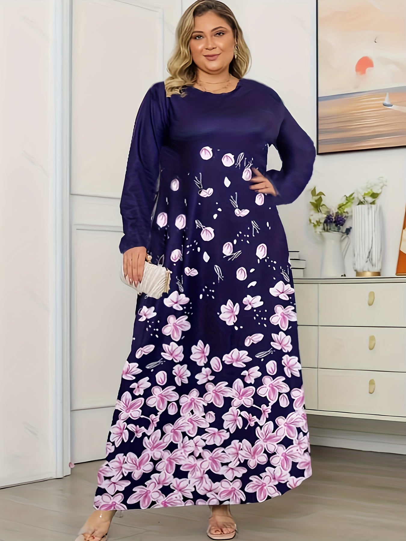 Floral Print Long Sleeve Stretch Dress Plus Size