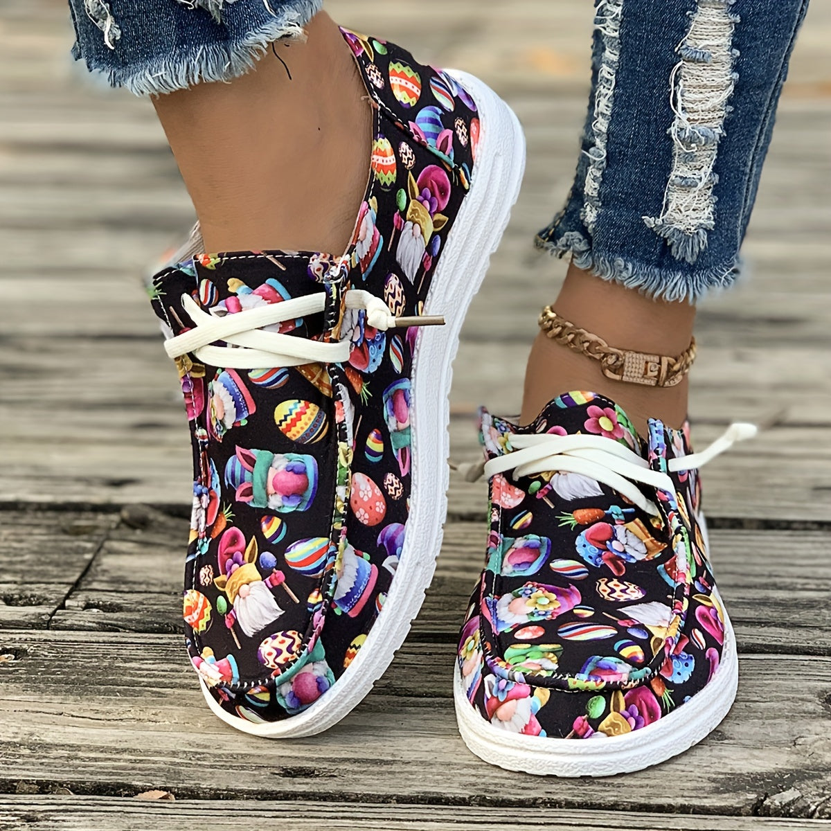 Easter Egg Print Canvas Sneakers for Women