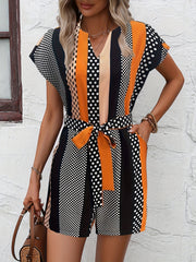 Print V Neck Belted Romper Jumpsuit Women's Clothing