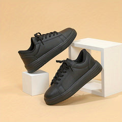 Solid Lace Up Flat Skate Shoes Women's Faux Leather Comfort Sneakers
