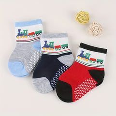 3 Pairs Non-slip Socks for 0-2 Year Old Boys - Little Train & Polka Dot Pattern