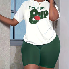 Letter & Number Print Tee & Biker Shorts Set