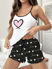 Heart Print Pajama Set Cami Top & Shorts