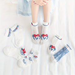 5pcs Cartoon Cat Breathable Lace Crew Socks Girls Cotton Socks