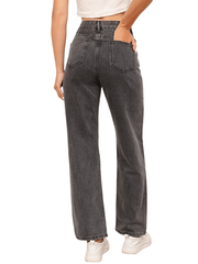 Grey Ripped Straight Jeans Distressed Slash Pockets Loose Fit Denim Pants