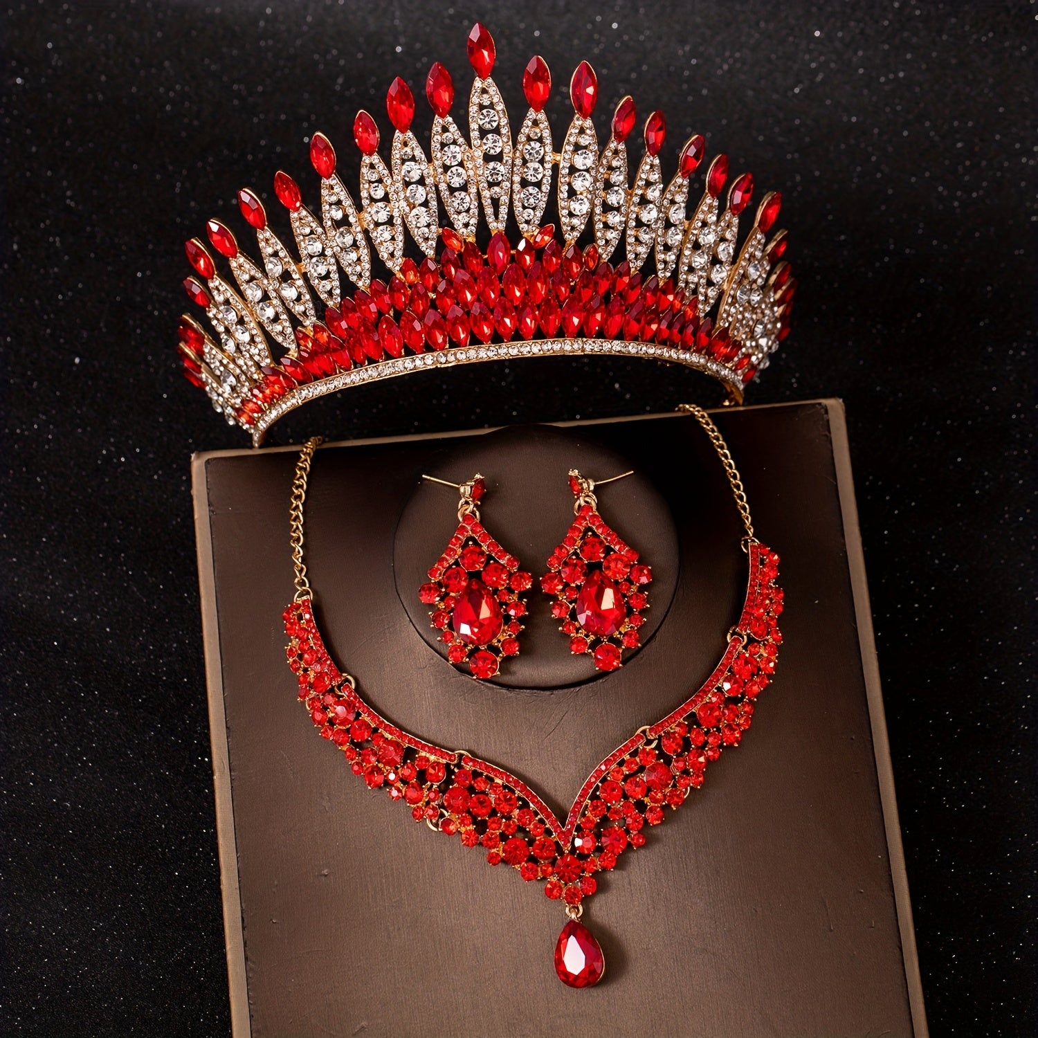 3pcs Red Princess Queen Crown Necklace Earrings Set