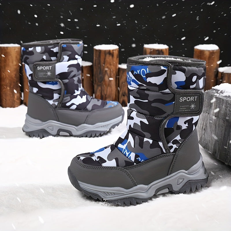 Boys Camo Comfort Snow Boots Soft Warm Plus Fleece Outdoor Walking Hiking