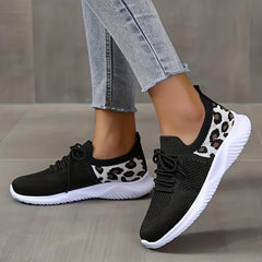 Leopard Print Knit Sports Shoes Breathable Lace Up Running Casual Sneakers
