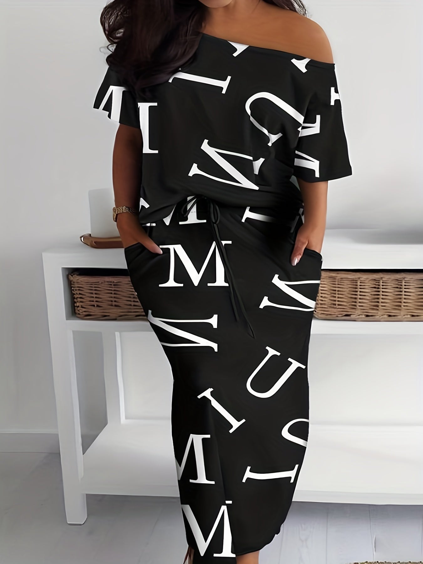 Letter Print 2pc Set Cold Shoulder Top & Drawstring Skirt Outfits