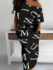 Letter Print 2pc Set Cold Shoulder Top & Drawstring Skirt Outfits