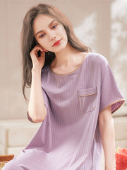 Short Sleeve NightDress Crew Neck Pajama Dress Women's Sleepwear