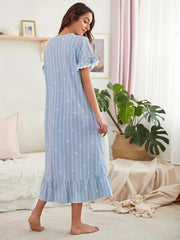 Heart Pattern Striped Nightdress Short Sleeve Ruffle Sleep Dress Women