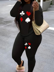 Women's Plus Poker Print Long Sleeve Round Neck Top & Leggings Set