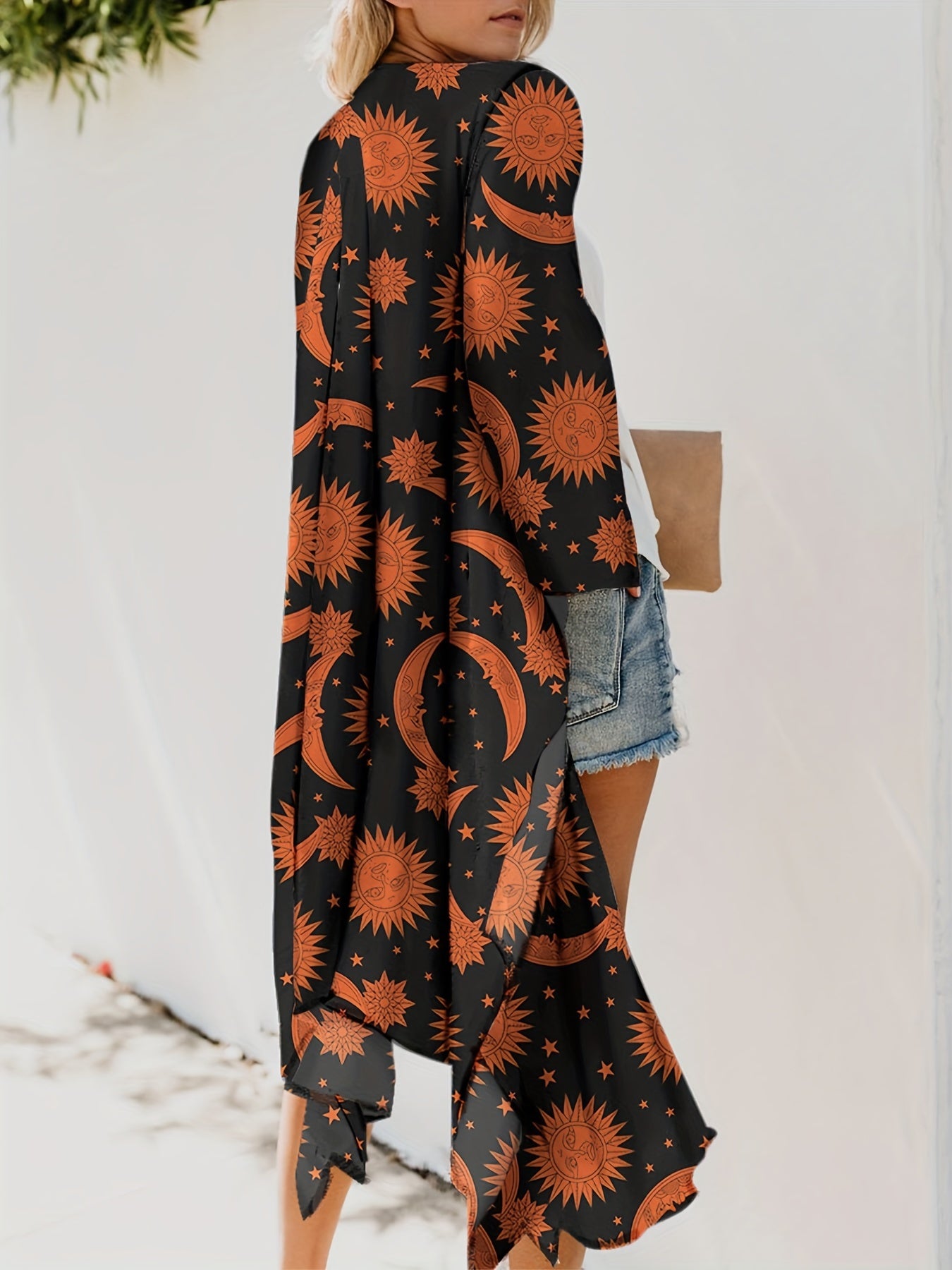 Sun & Moon Print Side Split Open Front Cover Up Cardigan