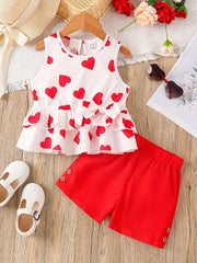 2pcs Toddler Girls Heart Graphic Peplum Tank Top & Button Shorts Set