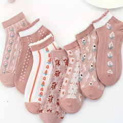 7 Pairs Floral Embossed Short Socks Women's Stockings & Hosiery