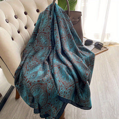 Vintage Floral Print Large Scarf Dark Green Satin Shawl Silk