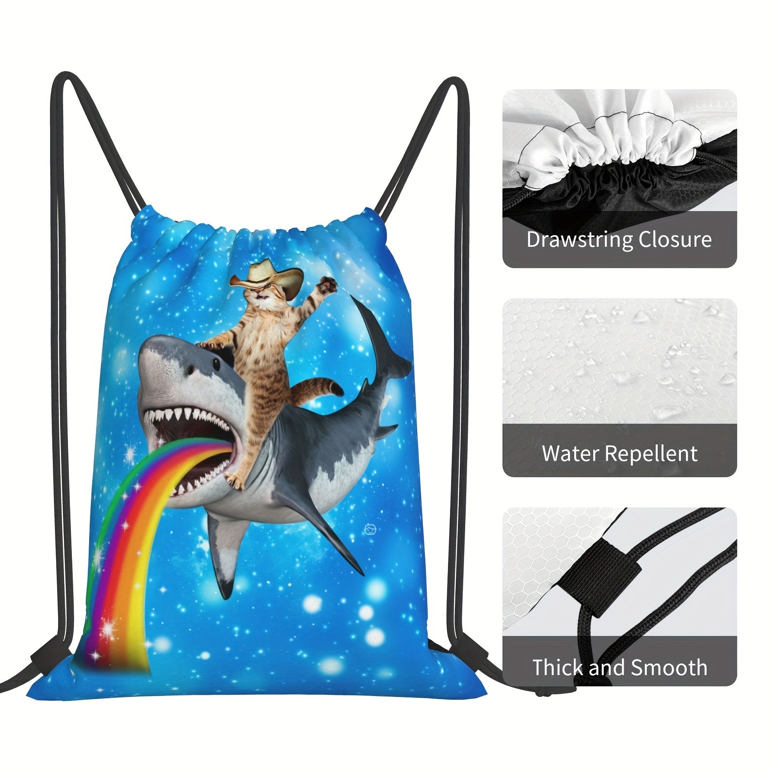 Cat Shark Drawstring Backpack Gym Yoga Animal Print Lightweight Bag