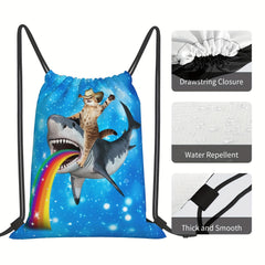 Cat Shark Drawstring Backpack Gym Yoga Animal Print Lightweight Bag