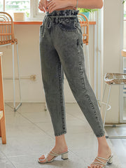 High Waist Paperbag Waist Denim Jeans Casual Drawstring Pencil Pants