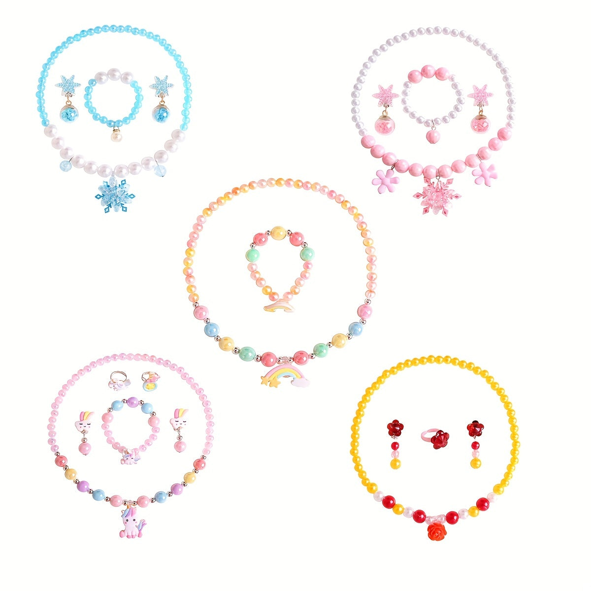 Unicorn Rainbow Jewelry Set for Kids - Earrings, Necklace, Bracelet, Ring