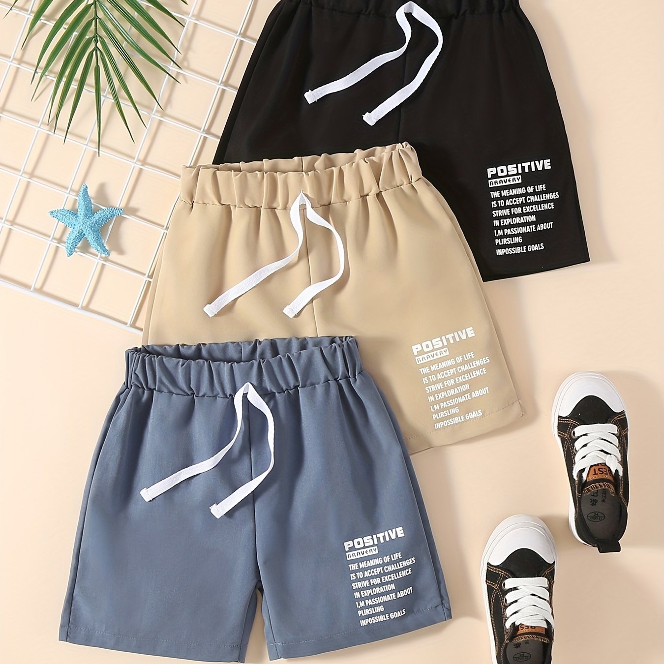 3pcs Positive Letter Print Boys Comfortable Creative Shorts