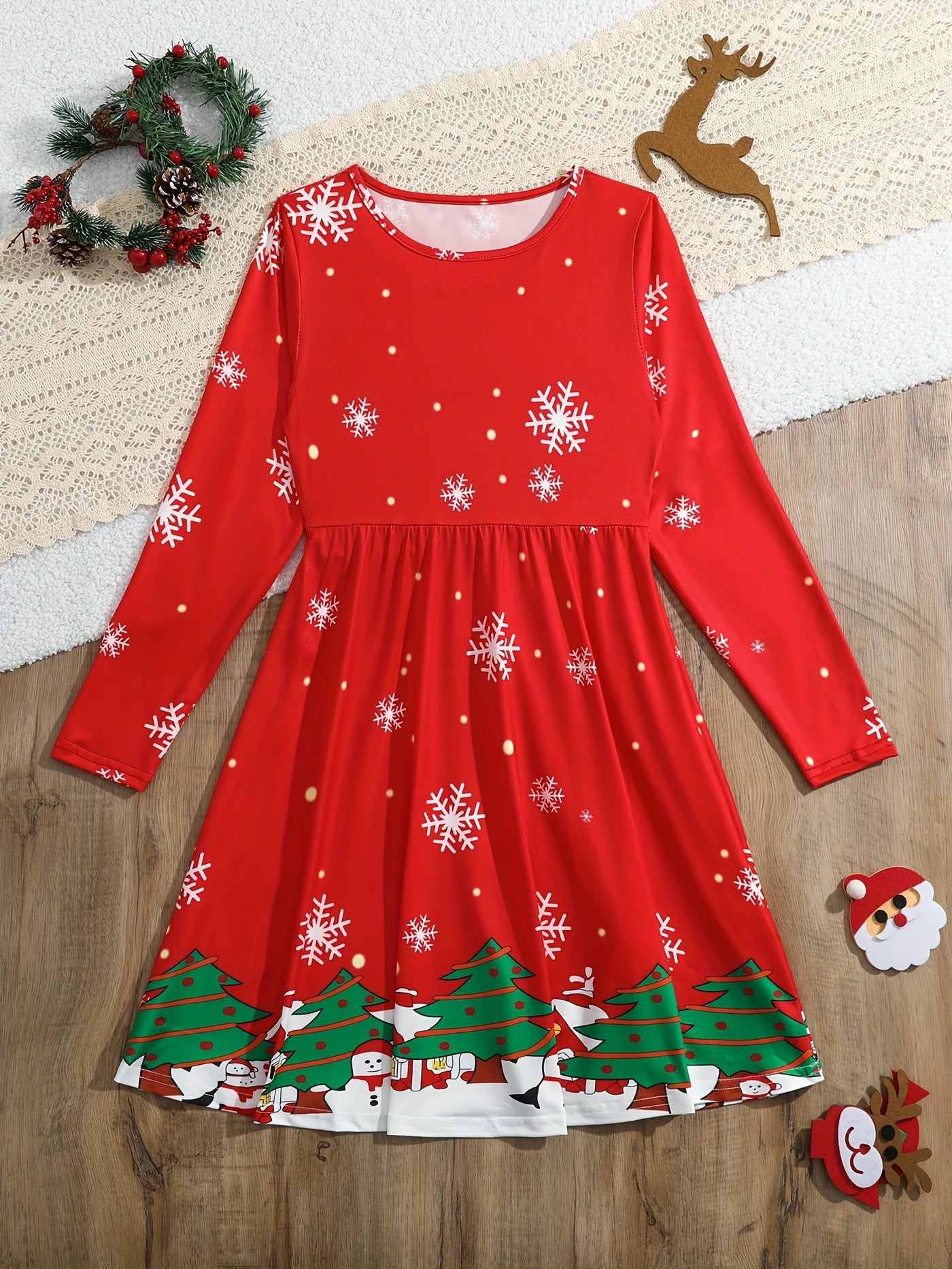 Snowflake Graphic Long Sleeve Dress Girls Comfy Dresses For Christmas