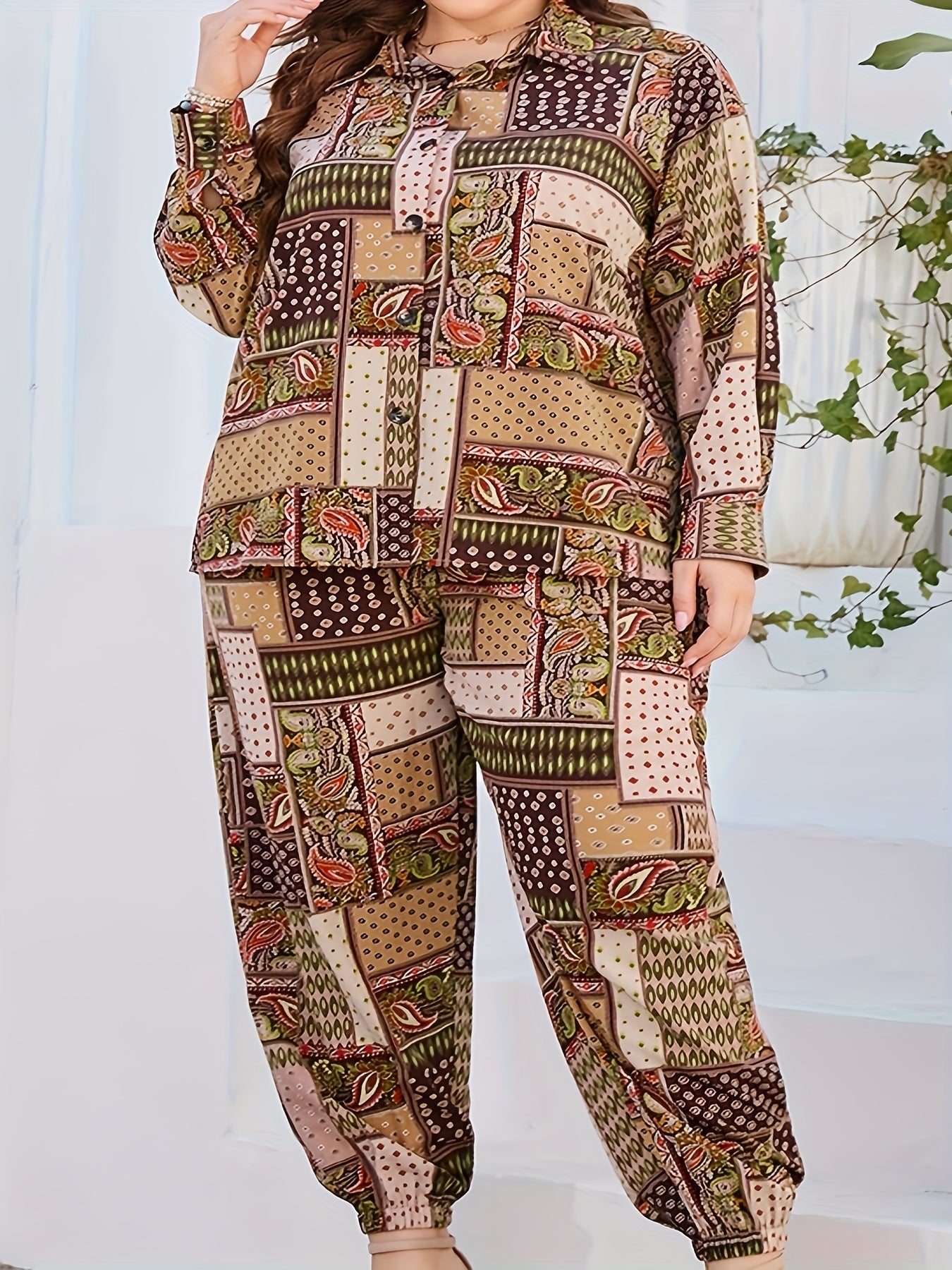 Women's Plus Paisley & Scarf Print Blouse & Pants Outfit 2 Piece Set