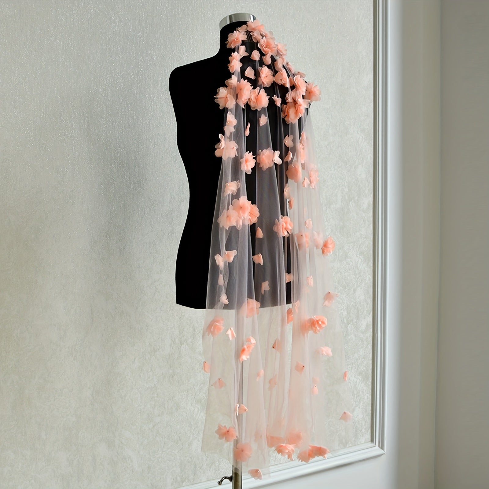 Romantic 3D Floral Bridal Veil Pink Flowers Long Finger Length