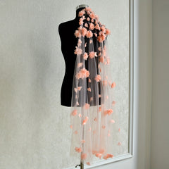 Romantic 3D Floral Bridal Veil Pink Flowers Long Finger Length