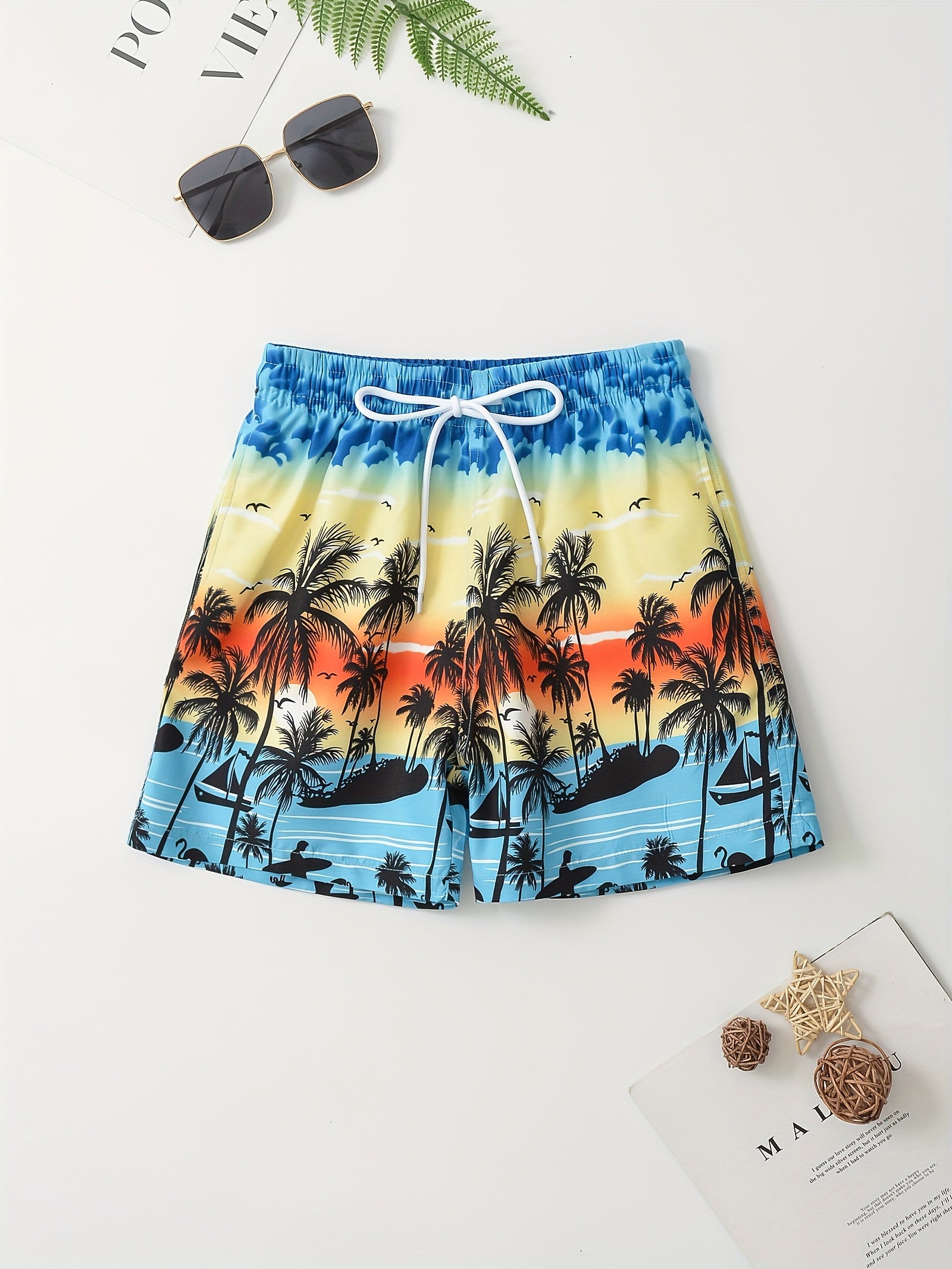 Tropical Plant Pattern Swim Trunks for Boys - Beach Shorts for Summer Vacation