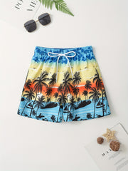 Tropical Plant Pattern Swim Trunks for Boys - Beach Shorts for Summer Vacation