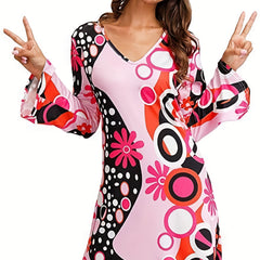 Floral Print Mini Dress V Neck Long Sleeve Casual Dress