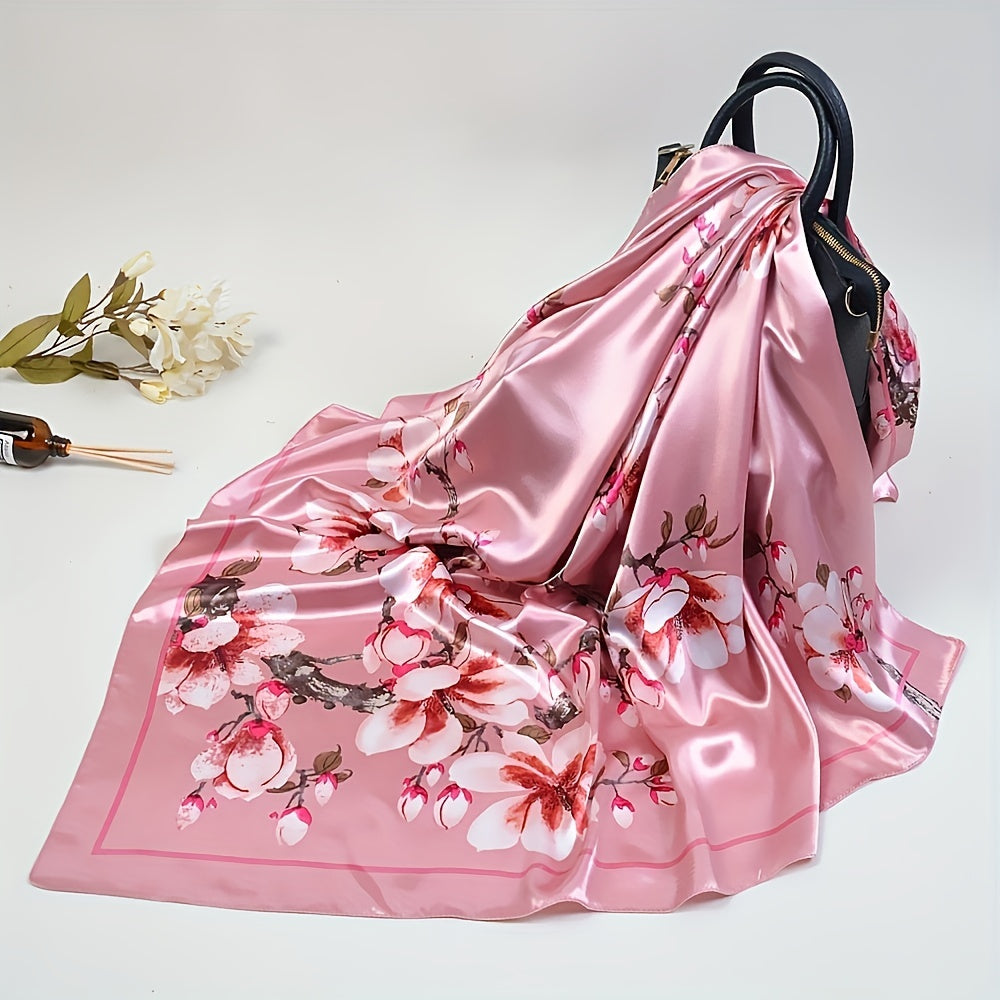 Peach Blossom Print Silk Bandana Satin Scarf for Women