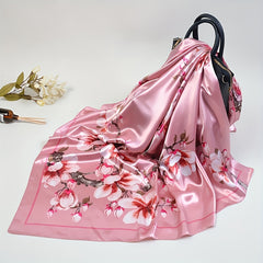 Peach Blossom Print Silk Bandana Satin Scarf for Women