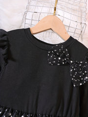 Youth Girl Starry Sky Spliced Mesh Long Sleeve Bowknot Party Dress Set
