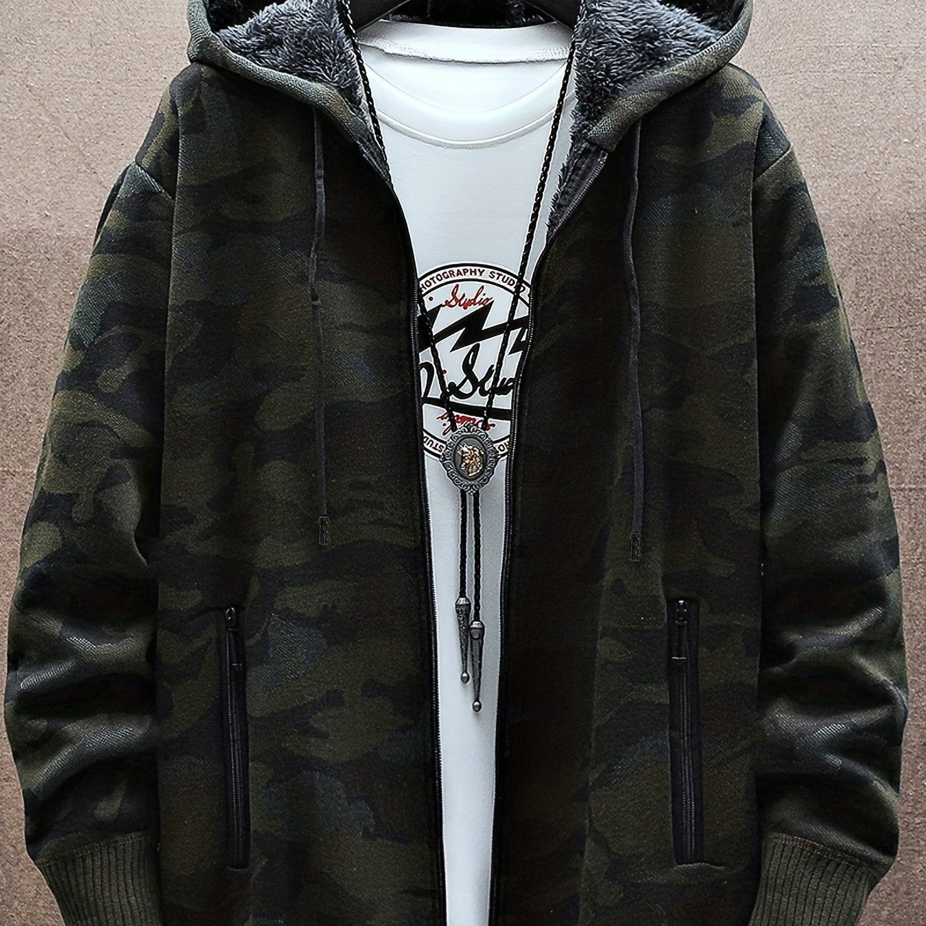 Camouflage Pattern Hooded Cardigan Sweater Men's Zip Up Coat