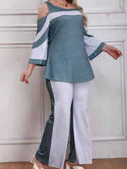 Colorblock Cold Shoulder Top & Flared Leg Pants Set