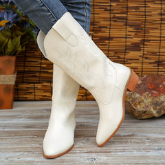Women's Block Heel Mid Calf Boots Retro Embroidery Pointed Toe Cowgirl Boots