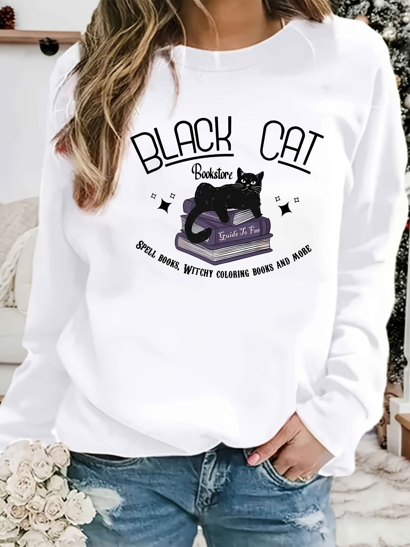Cat Print Sweatshirt Long Sleeve Crew Neck Women's Clothing