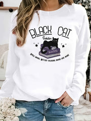 Cat Print Sweatshirt Long Sleeve Crew Neck Women's Clothing