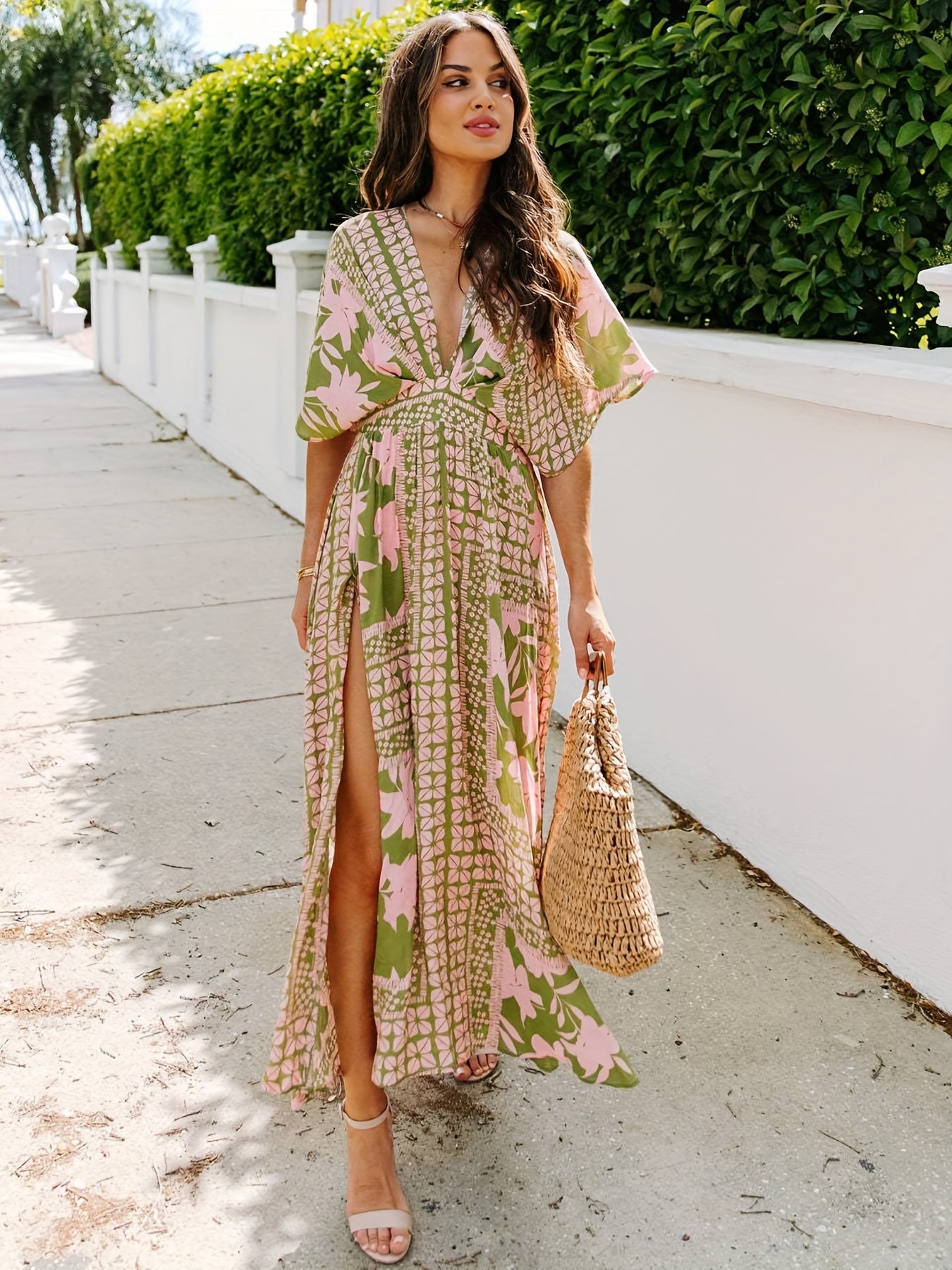 Floral Print Split Thigh Dress Vacation Plunging Maxi Dress