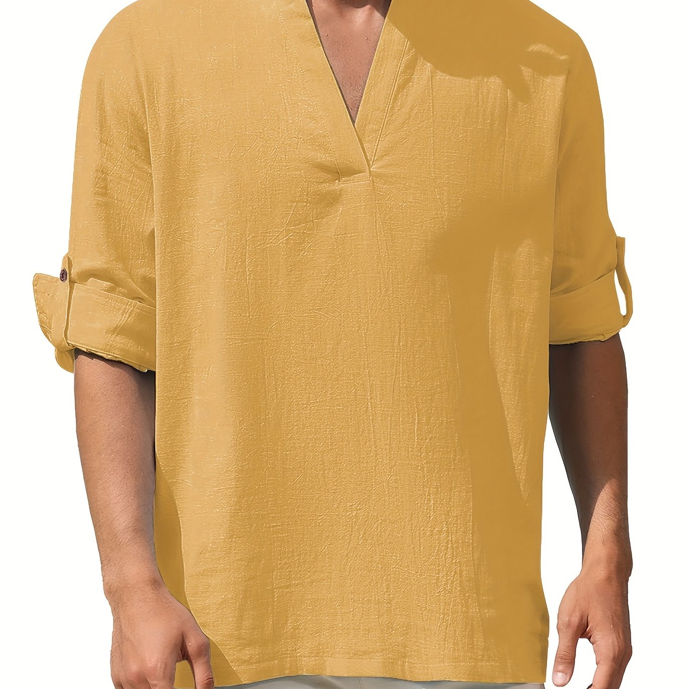 Men's Solid Long Sleeve V-Neck Shirt for Spring/Fall