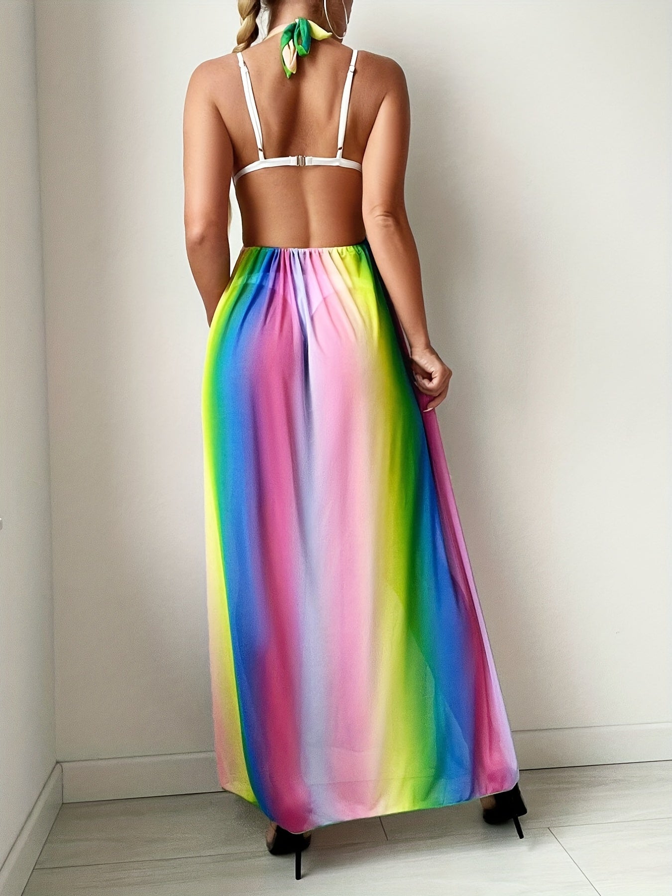 Rainbow Striped Cover Up Dress Halter V Neck Loose Fit Backless Beachwear