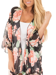 Floral Print Sheer Rash Guard Shirt V Neck Long Sleeve Cover Up