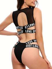 Hot Letter Print Lingerie Set Hollow Out Bra & Panties